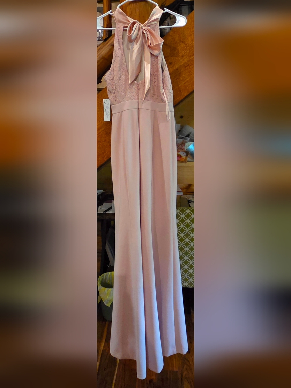 Blush Pink Lace Halter Maxi Dress with Bow Neck